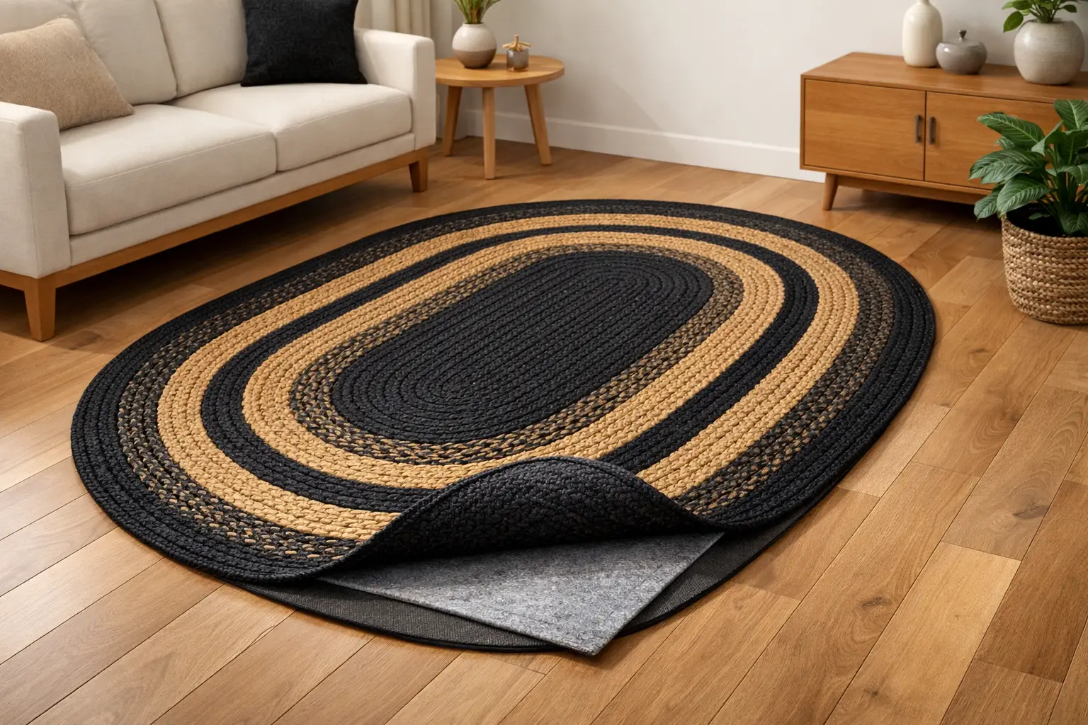 Black Tan Jute Rug Oval with Pad, 60×96 Size