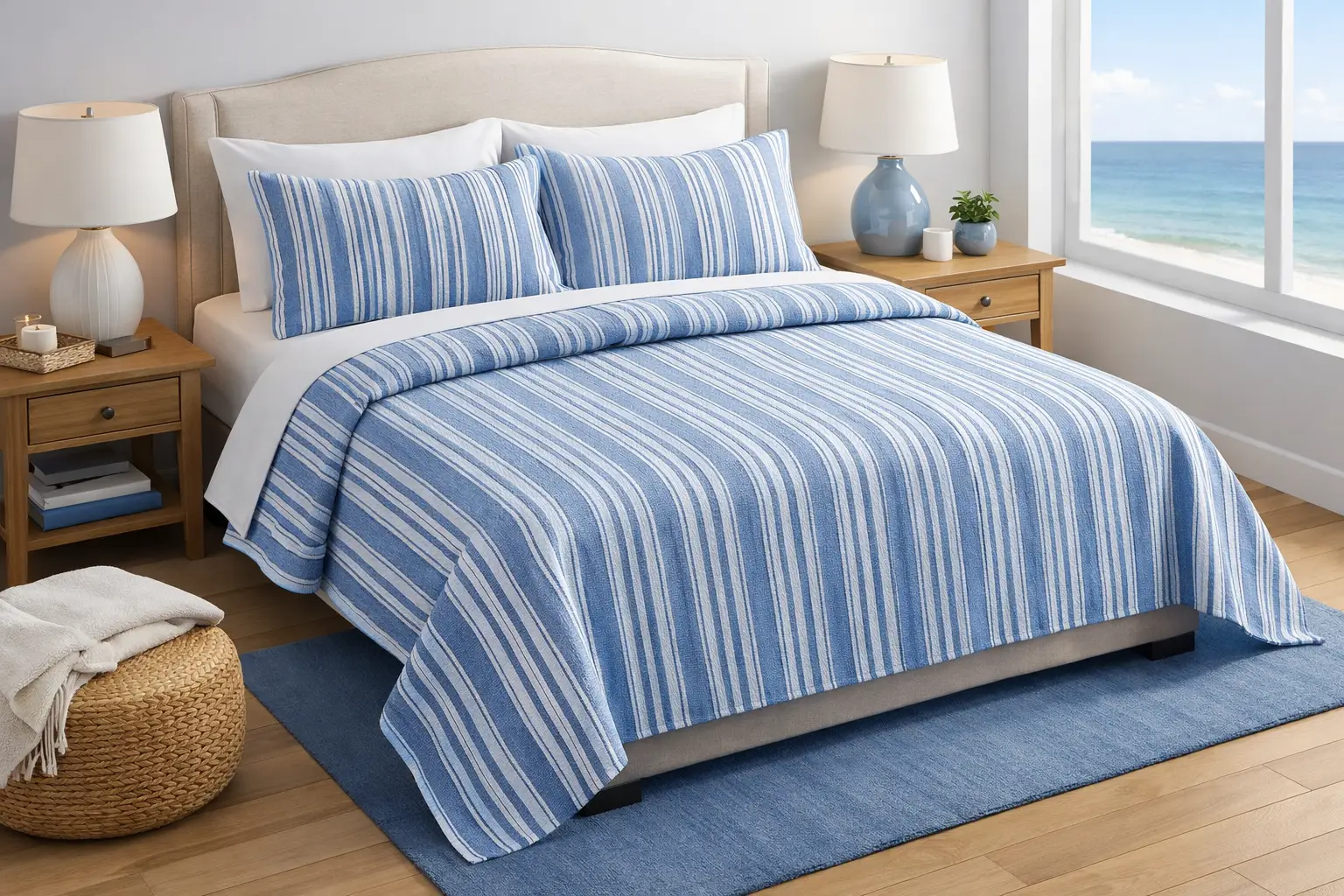 Hatteras Seersucker Blue Ticking Stripe King Coverlet